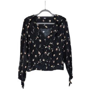 Paige Black Rose Ditsy Floral Ruffle Collar Office Flowy Blouse, Women's Large
